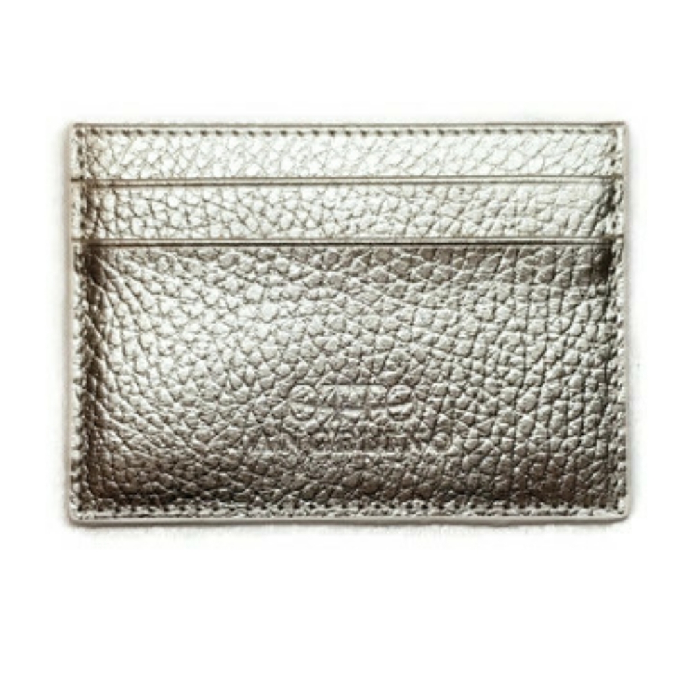Card holder genuine pebbled leather champagne gold